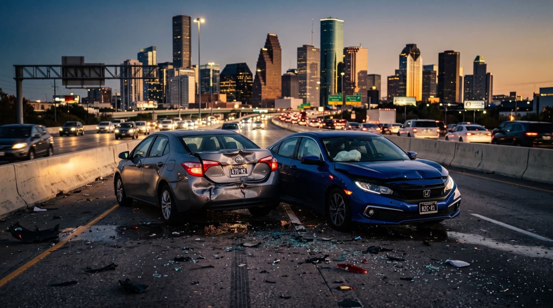 Houston Car Accident Lawyer — damaged cars after a collision on a Houston roadway at dusk