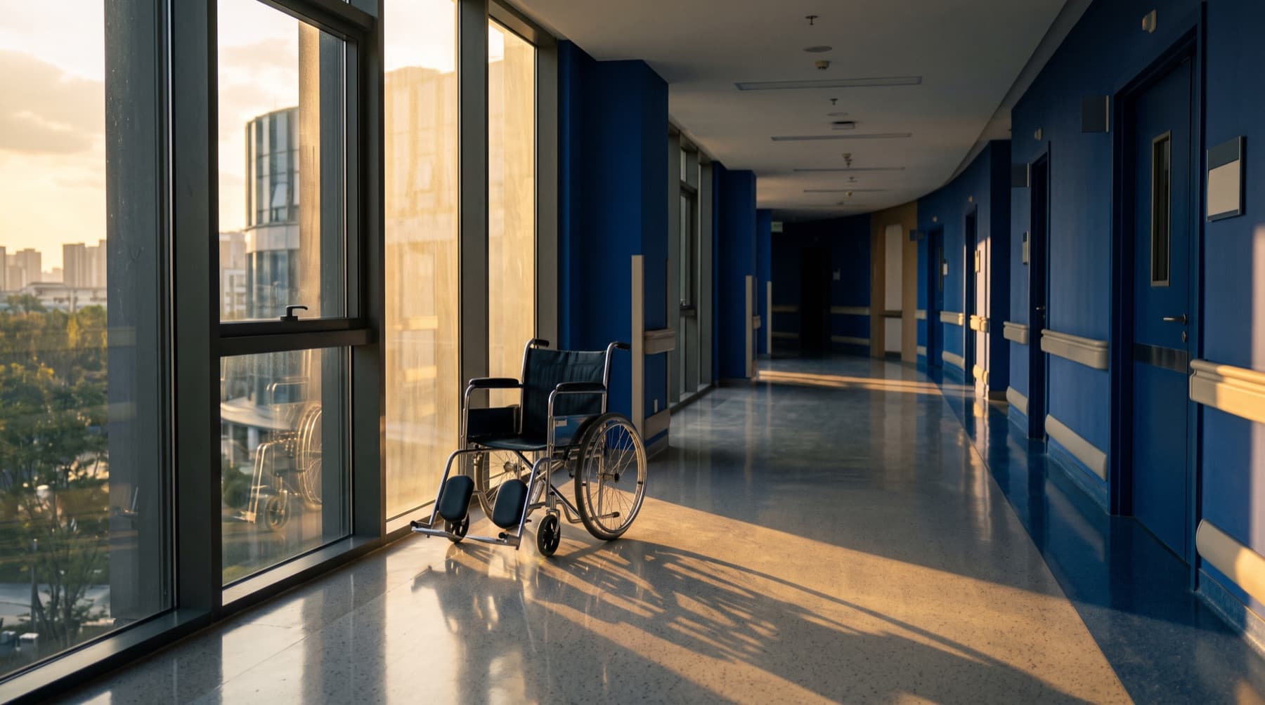 Houston Catastrophic Injury Lawyer — empty wheelchair beside a patient room window in a Texas Medical Center hospital corridor