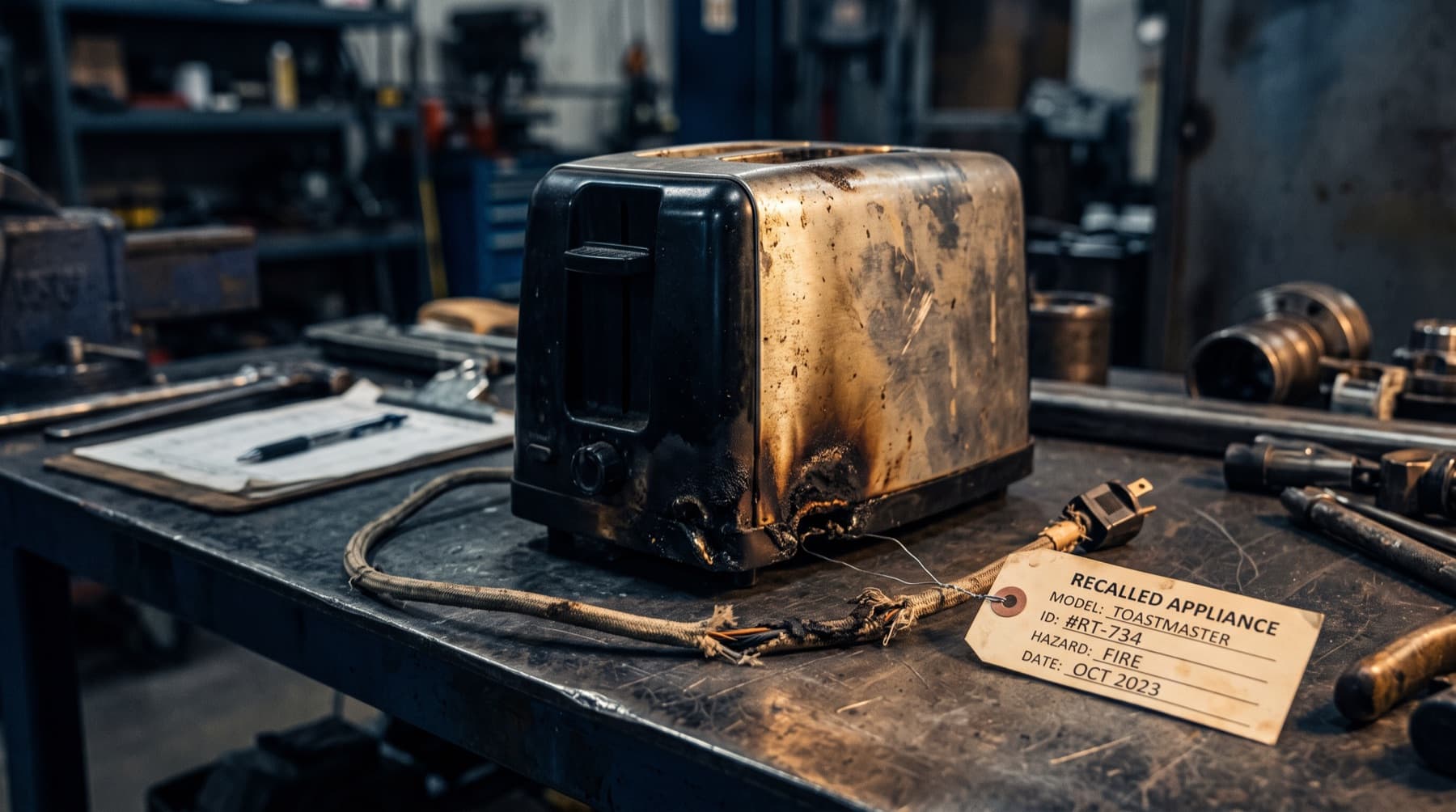 Houston Defective Product Lawyer — a defective household appliance with a frayed cord and scorch marks on an inspection table with an evidence tag