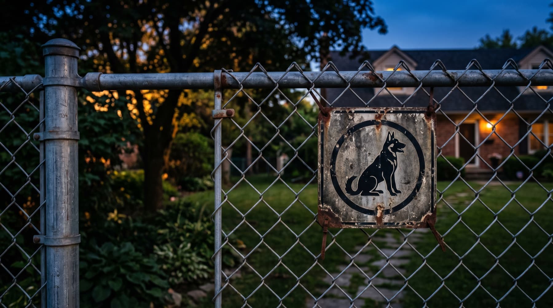 Houston Dog Bite Lawyer — a weathered beware-of-dog warning sign on a chain-link fence in a residential yard at dusk