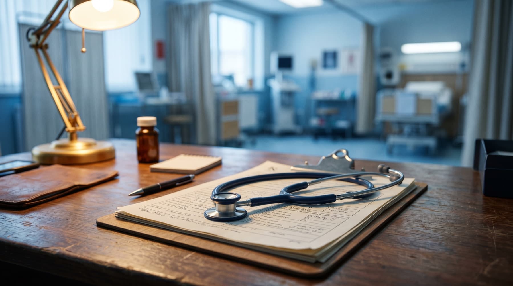 Houston Medical Malpractice Lawyer — a stethoscope resting on a clipboard of medical charts on a physician's desk