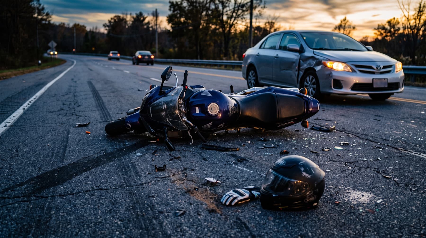 Houston Motorcycle Accident Lawyer — a motorcycle lying on its side near an intersection on a Houston street after a collision