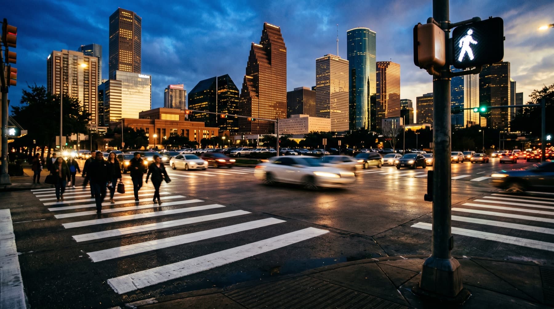 Houston Pedestrian Accident Lawyer — a marked crosswalk at a busy Houston intersection with vehicles waiting at the light