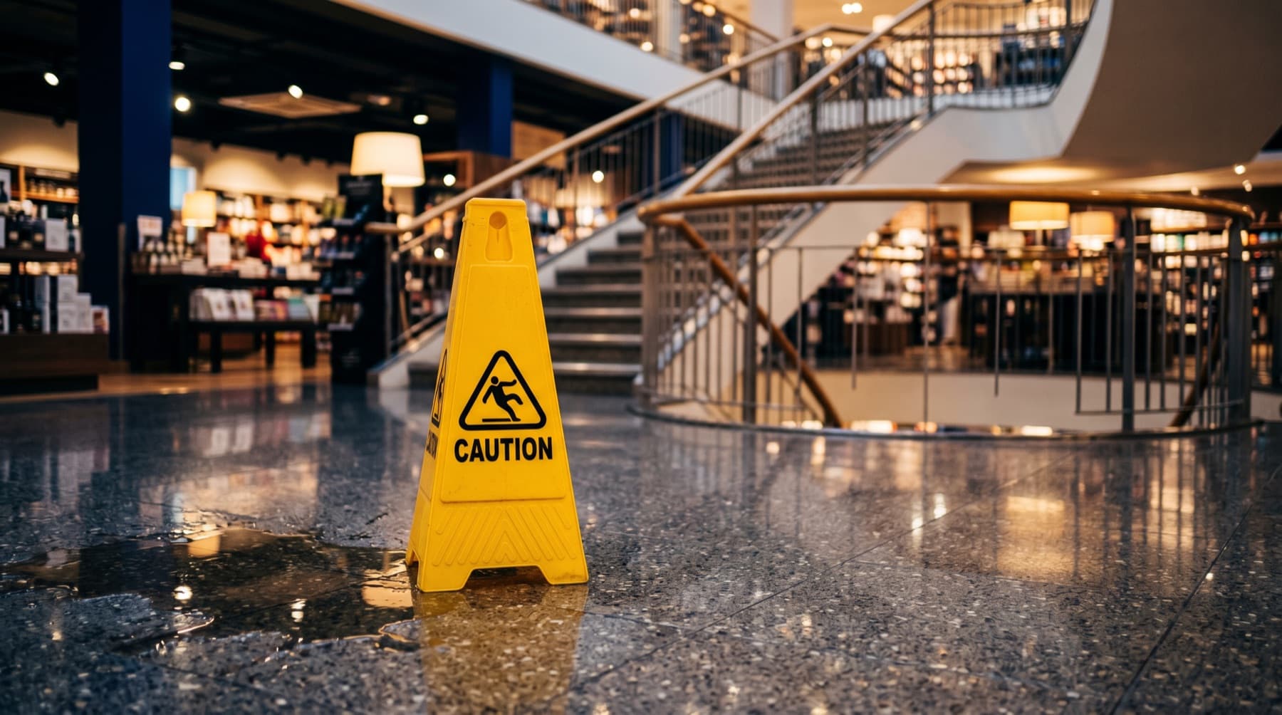 Houston Slip and Fall Lawyer — a yellow wet-floor caution sign beside a puddle on the polished tile aisle of a Houston grocery store