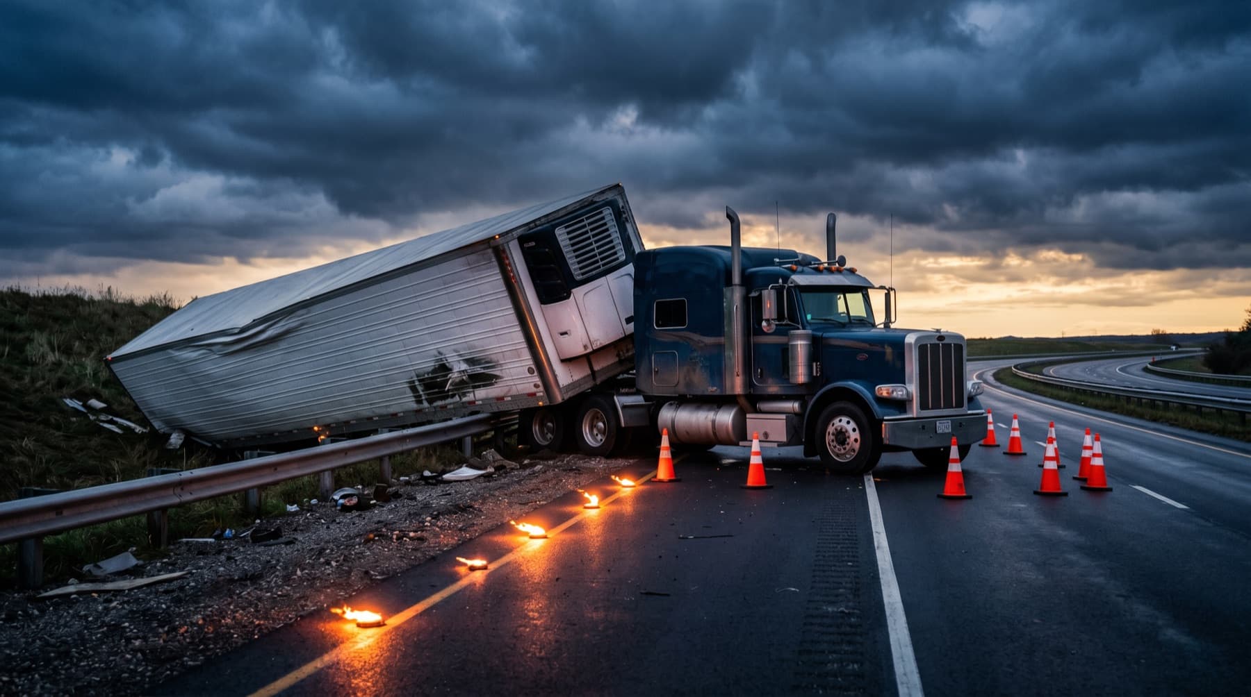 Houston Truck Accident Lawyer — a jackknifed 18-wheeler on a highway shoulder at dawn with warning flares and traffic cones