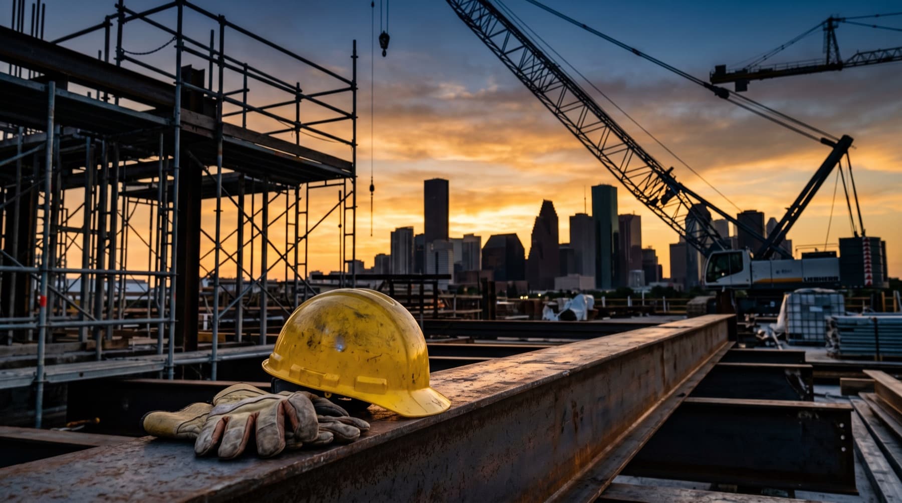Houston Workplace Injury Lawyer — a hard hat and work gloves resting on a steel beam at a Houston construction site at golden hour, crane and skyline behind