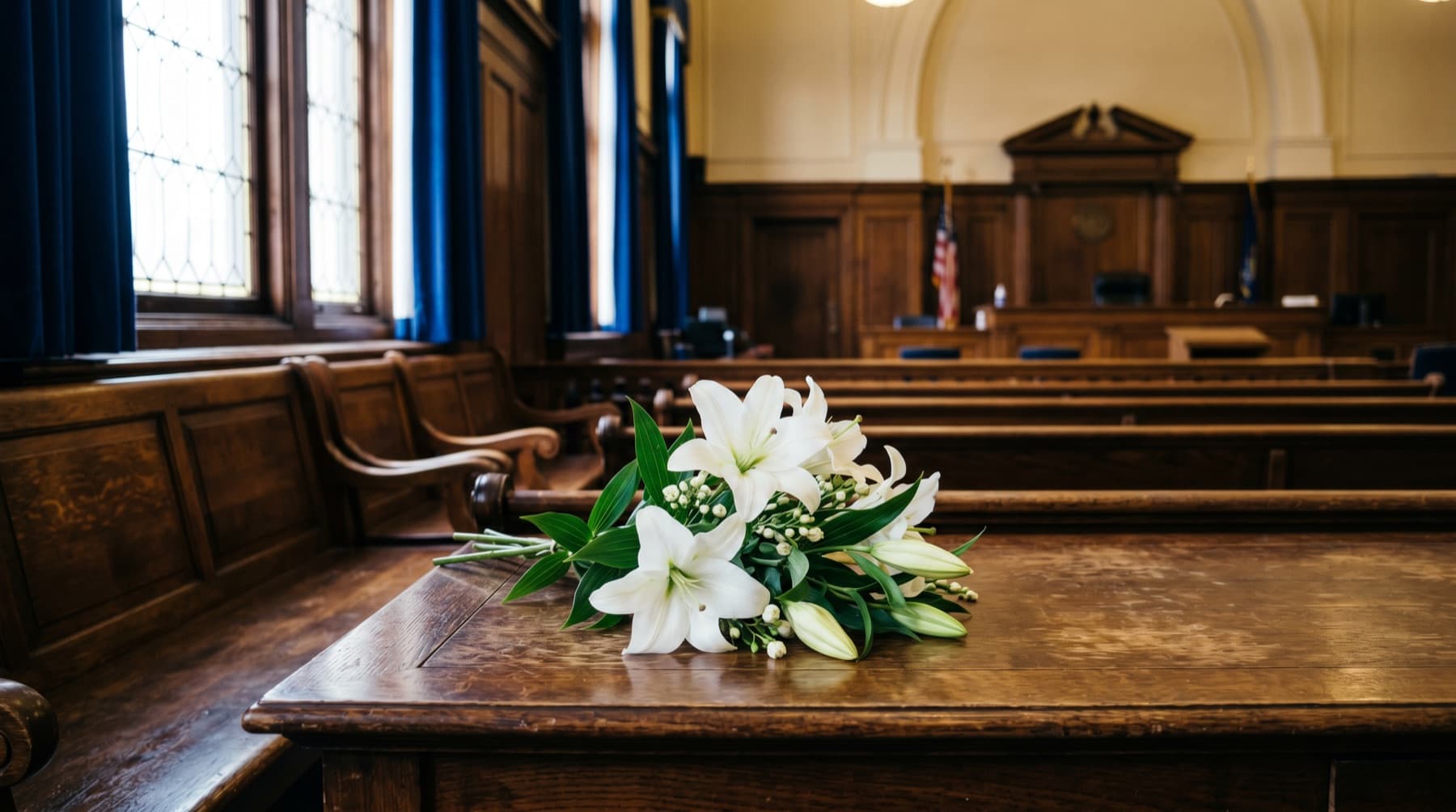 Houston Wrongful Death Lawyer — white lilies resting on a wooden bench in an empty courtroom, soft window light